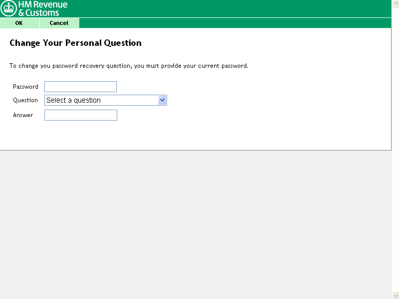 The Change Your Personal Question screen with an input field for your password, drop down list of questions and an answer input field.