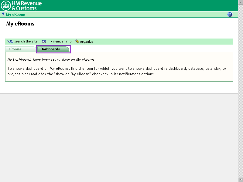 My eRooms screen with Dashboards tab selected. It confirms no Dashboards have been set up to show on My eRooms.