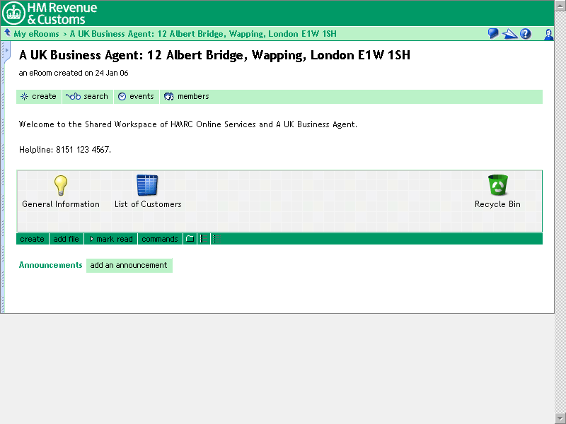 The frontpage of A UK Business Agent eRoom. This consists of several links, for example, the create, List of Customers and add file links. These will be described later in the learning. The standard items shown here are General Information, List of Customers and the Recycle Bin.