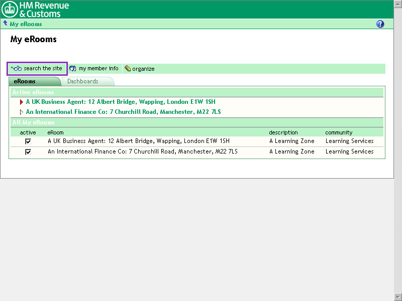 My eRooms screen with eRooms tab selected and the search the site button highlighted.