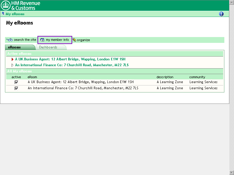My eRooms screen with eRooms tab selected and the my member info button highlighted.