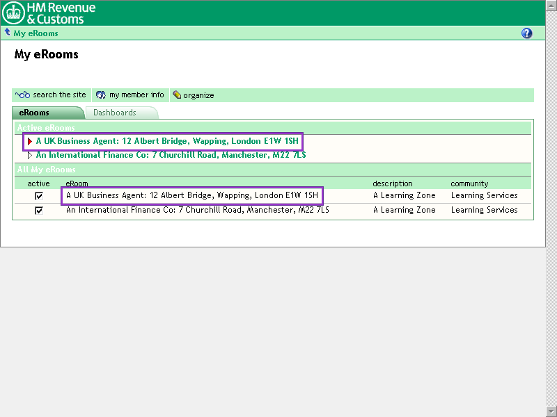 My eRooms screen with eRooms tab selected and A UK Business Agent eRoom links highlighted.