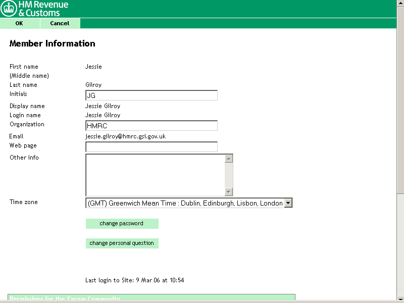 The Member Information screen showing details such as name, organisation and email address. It also has four buttons called OK, Cancel, change password and change personal question.