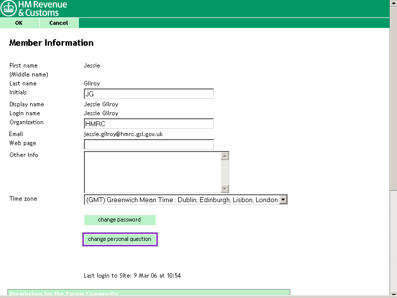 Member Information screen with the change personal question button highlighted.