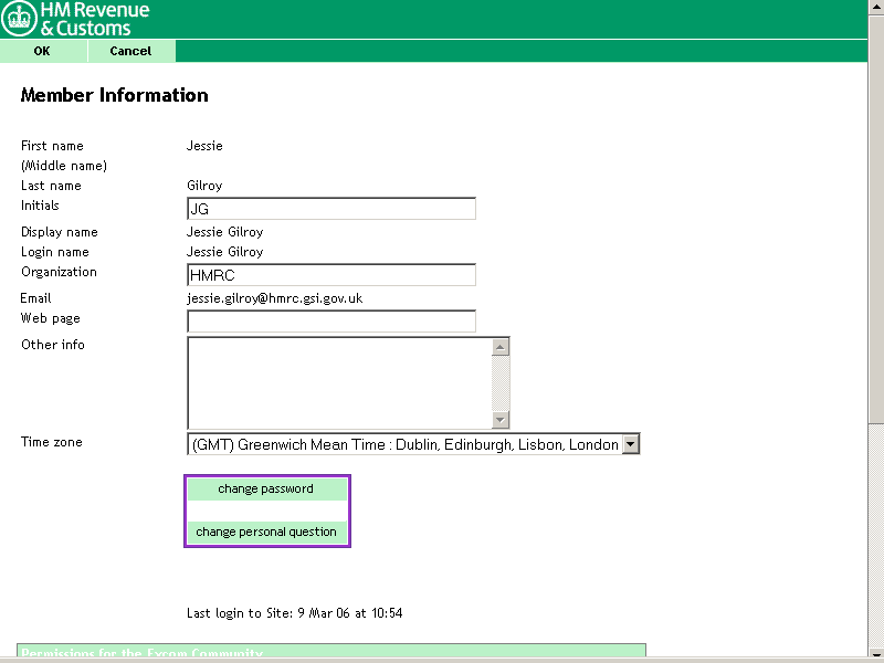 Member Information screen with the change password and change personal question buttons highlighted.