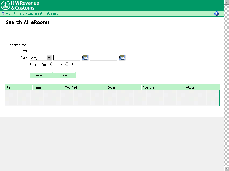 The Search All eRooms screen with input fields for search details and two buttons called search and tips.