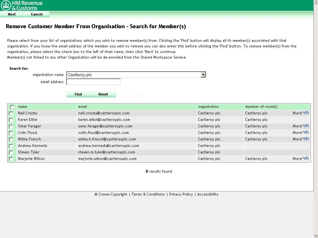 Remove Customer Member From Organisation - Search for member(s) screen