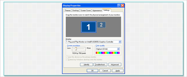 display properties dialog box showing screen resolution settings