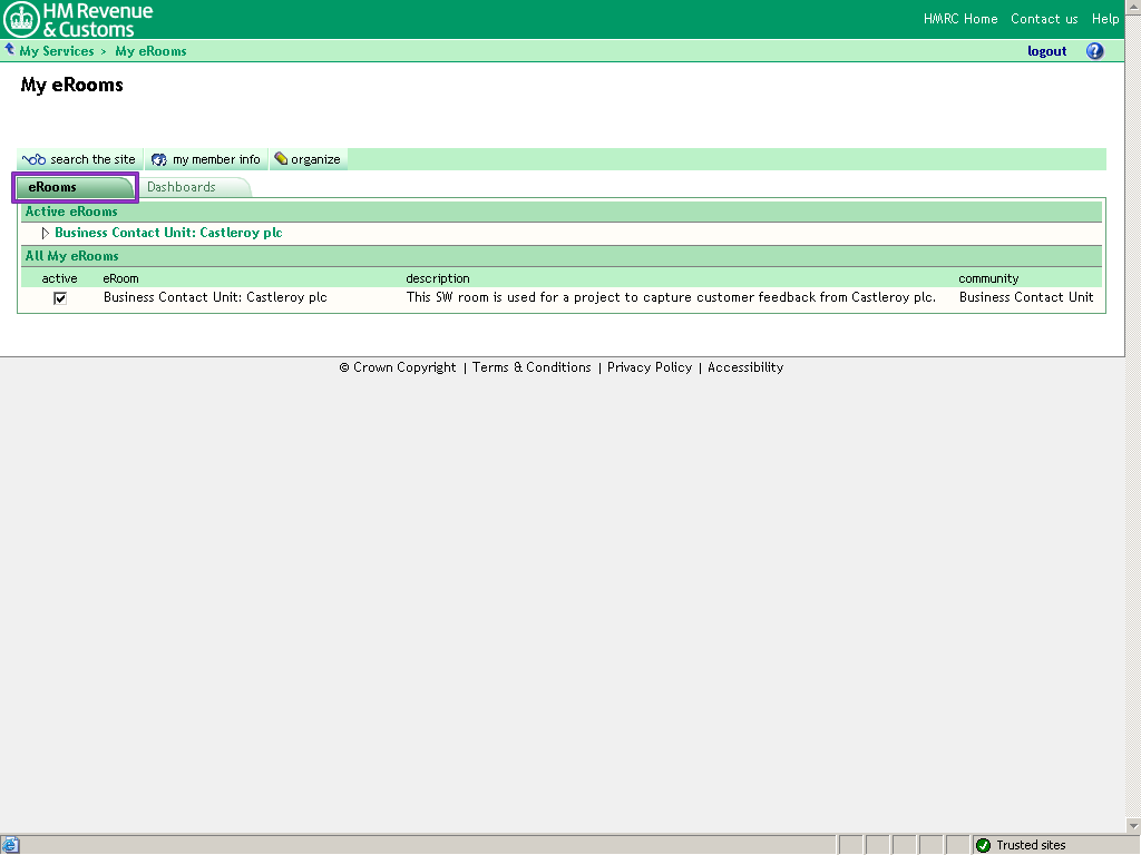 My eRooms. eRooms tab highlighted.