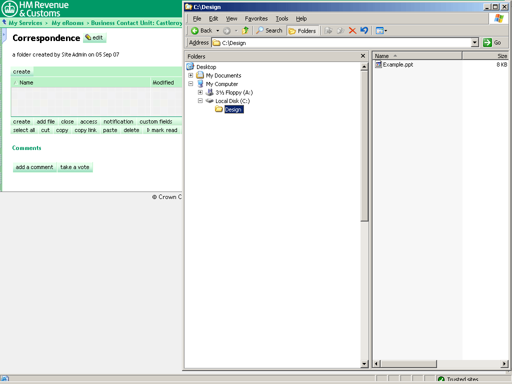Shared Workspace Correspondence folder open together with browser window containing an example file to be dragged and  dropped. 