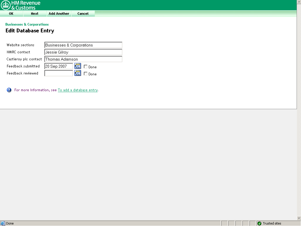 Edit database entry screen. Feedback submitted date entered.