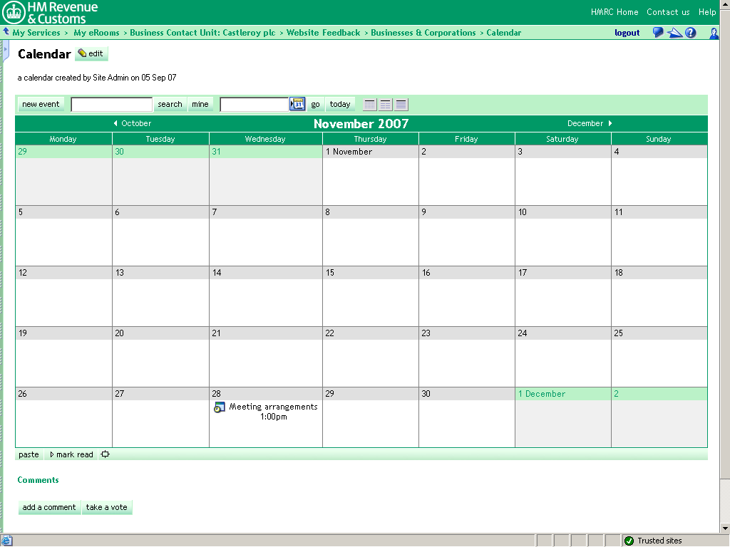 Calendar. Meeting arrangements shown.
