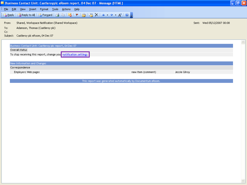 Outlook notification. Notification settings link highlighted.